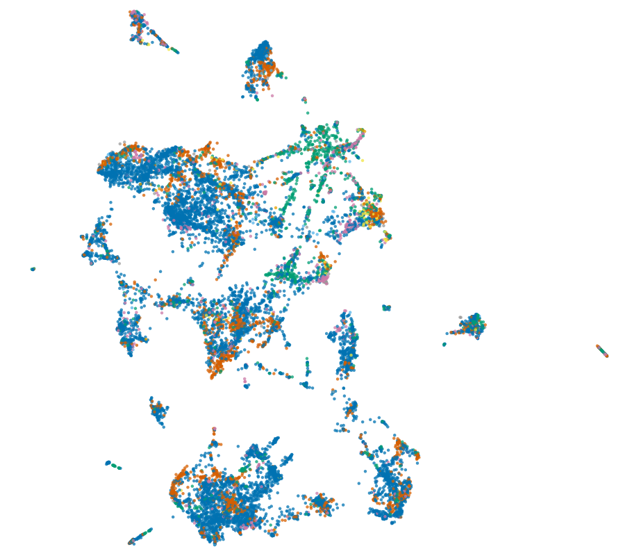 UMAP projection of the 14,093 social niche embeddings, coloured by phylum
